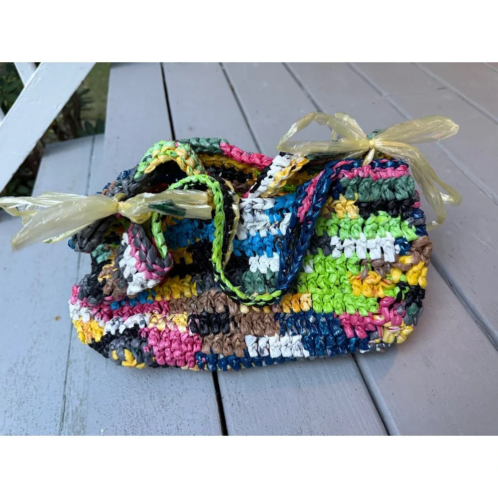 Handmade Plarn Tote Bag Recycled Plastic Multicolor Boho Artsy Eco Purse